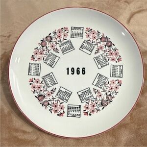 1966 Calendar Plate White Pink Black Floral Design Collectible 10"
